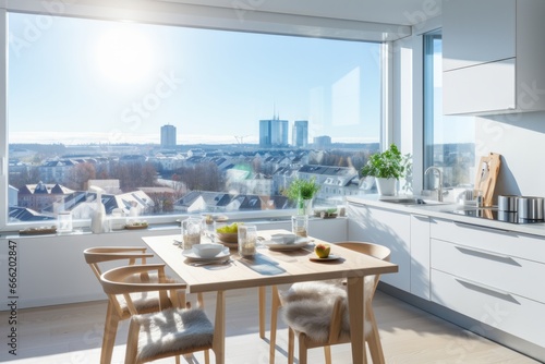Modern and bright apartment kitchen with table and three chairs and window overlooking the city.