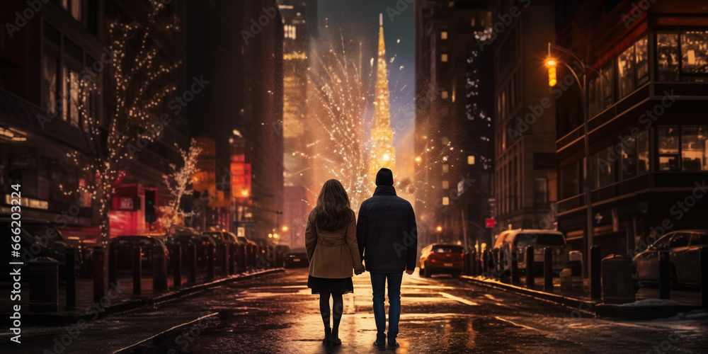 Rear view of young couple walking the streets of city on New Years, new year fireworks holiday, copy space, generative ai