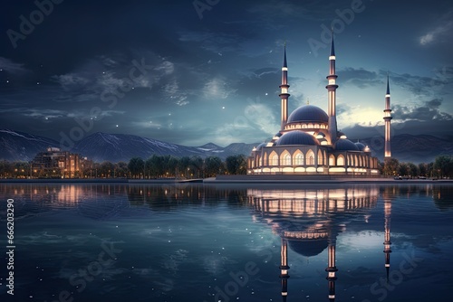 architectural beautiful Religious Islamic Grand Mosque masjid at night with the reflection in lake