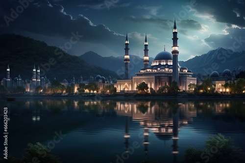 architectural beautiful Religious Islamic Grand Mosque masjid at night with the reflection in lake