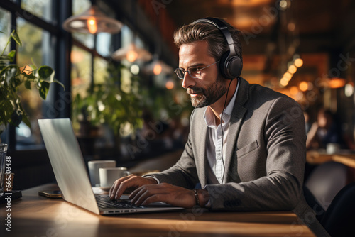 A happy man with headphones works at the computer. Distance learning, courses, online learning, remote work, freelancer. Man in headphones communicates by video call.