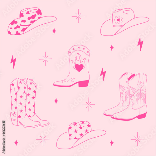 Collection of western outline elements. Cowboy boots and hats. Wild west set. Cowgirl design. Hand drawn isolated vector design