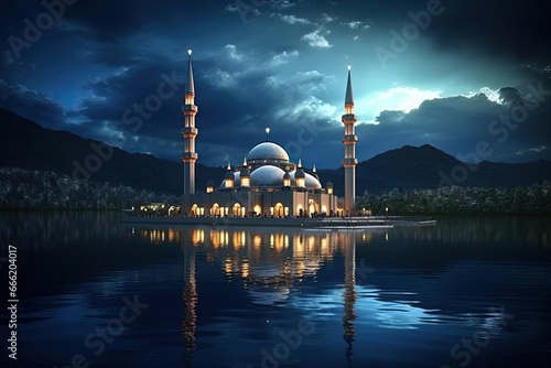 architectural beautiful Religious Islamic Grand Mosque masjid at night with the reflection in lake