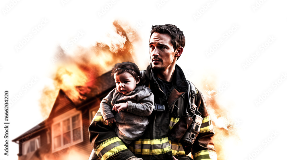 A firefighter rescues a child from a burning building. The hero carries ...