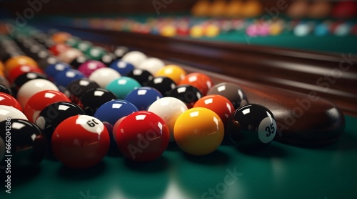 A billiard table with a triangle of pool balls ready for break. photo