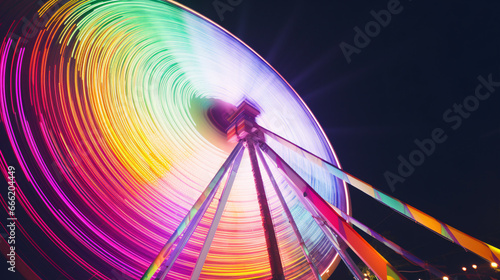 A captivating long-exposure shot showcasing the beguiling streaks of hued light from a spinning Ferris wheel amidst a jubilant carnival.