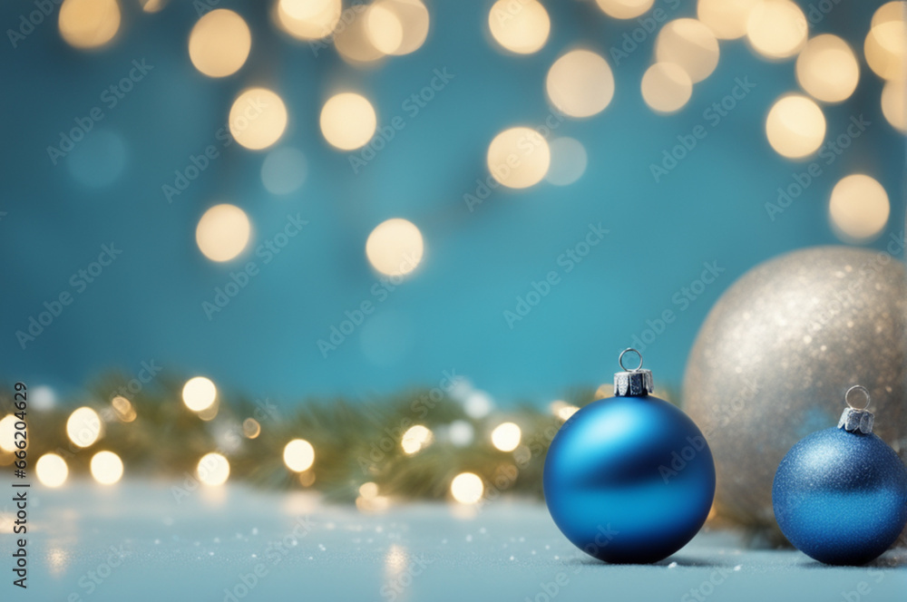 Christmas background. Coloful Christmas toys of de-focused lights. Space for text. Blue background. Generative AI illustration Christmas background. Coloful Christmas toys of de-focused lights. Space for text. Blue background. Generative AI illustration