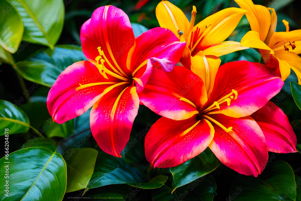 Naklejka premium The vibrant colors of a variety of tropical blooms, including yellow hibiscus flowers, orange tiger lilies, and pink orchids, arranged in an artistic composition. of ecological environment