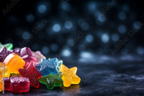 Colorful jelly candies on dark background with bokeh effect. Generative AI.