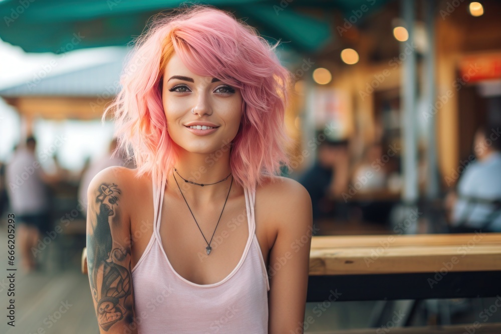 Beautiful young woman with striking pink hair and tattooes. Generative AI.