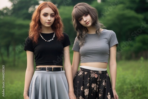 Beautiful young teenage girls half - smile outdoors. Generative AI.