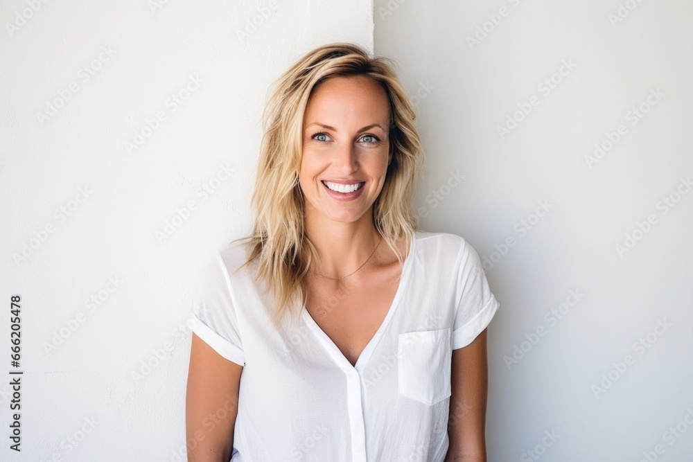 Blond woman smile face portrait at home living room Blond woman smile face portrait at home living room