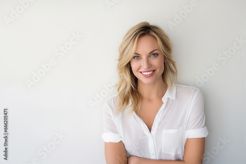 Blond woman smile face portrait at home living room photo