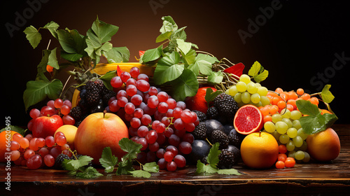 A lovely still-life shot featuring a selection of ripe fruits arranged artfully.