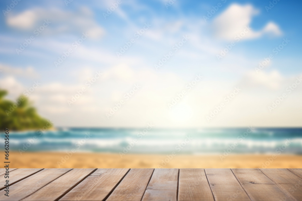 With a wooden table and wooden deck under a beautiful blue sky and by the sea, you have the perfect setting for a happy holiday or vacation. Ideal for web ads and banners with space for copy.