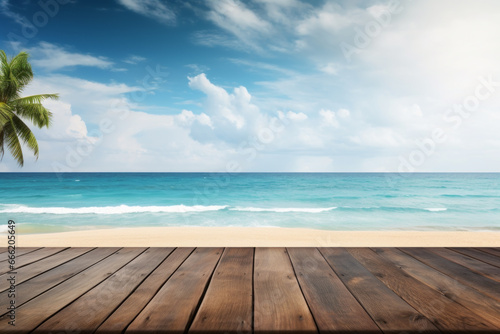 A wooden table and a wooden deck provide a beautiful backdrop of blue skies and the sea for a joyful holiday or vacation. Ideal for web advertisements and banners with space for copy.