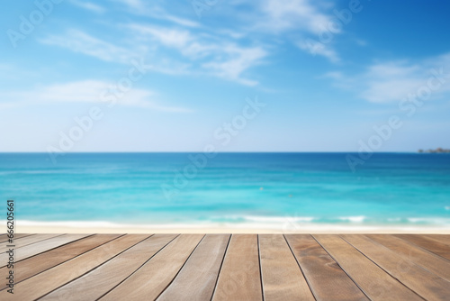 There is a wooden table and a wooden deck with a backdrop of blue sky and sea for a happy holiday or vacation. Suitable for web ads and banners with copy space.