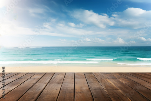 There s a beautiful blue sky and sea over a wooden table and wooden deck  creating a happy backdrop for holidays and vacations. A concept suitable for web ads and banners with copy space.