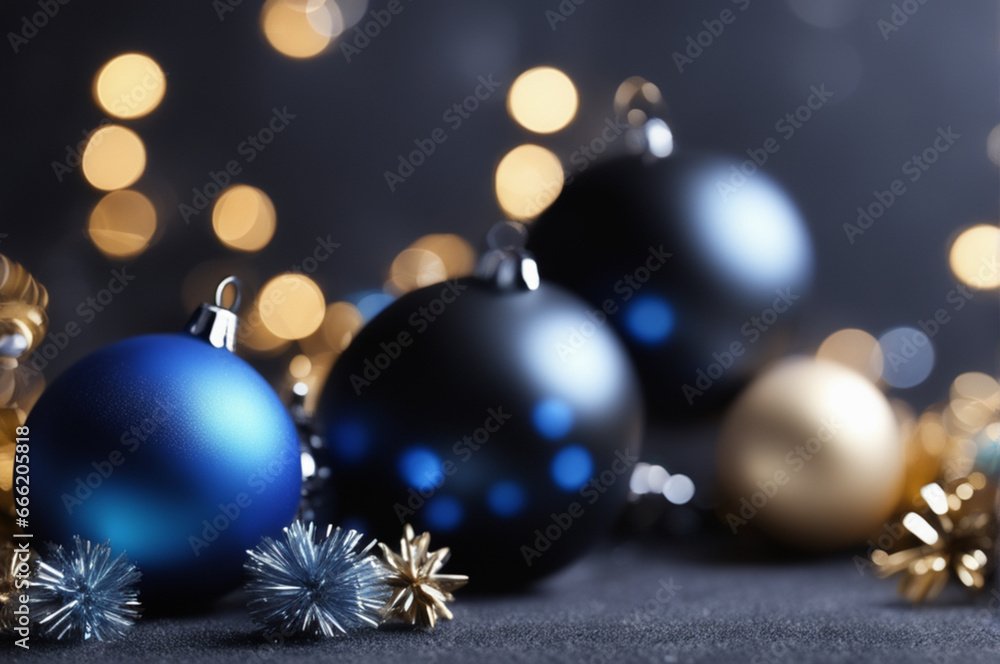 Christmas background. Coloful Christmas toys of de-focused lights. Space for text. Black background. Generative AI illustration Christmas background. Coloful Christmas toys of de-focused lights. Space for text. Black background. Generative AI illustration