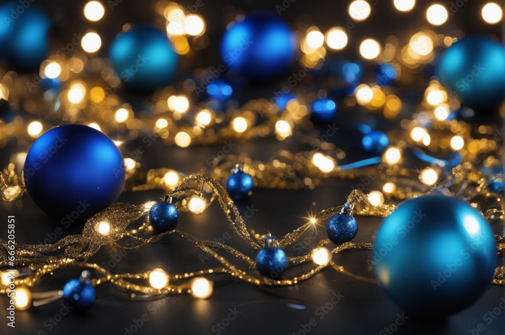 Christmas background. Blue Christmas toys of de-focused lights. Space for text. Black background. Generative AI illustration