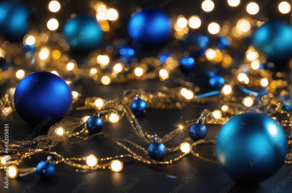 Fototapeta premium Christmas background. Blue Christmas toys of de-focused lights. Space for text. Black background. Generative AI illustration
