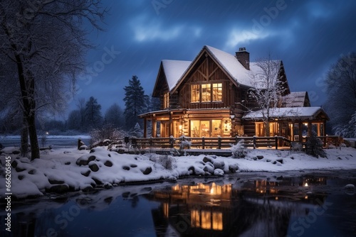 a beautiful cozy wooden house covered with snow at night in cold snowy weather © DailyLifeImages