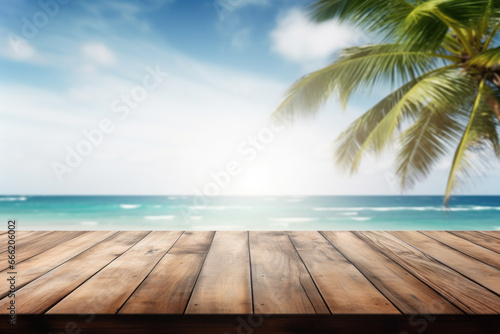 wooden table, copy space, advertising, background, banner, wooden deck, holiday, vacation, freedom, relaxation, blue sky, sea, palm tree, happiness, happiness, fun, journey, trip, extraordinary, beach