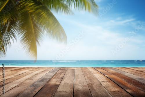 wooden table, copy space, advertising, background, banner, wooden deck, holiday, vacation, freedom, relaxation, blue sky, sea, palm tree, happiness, happiness, fun, journey, trip, extraordinary, beach © omune