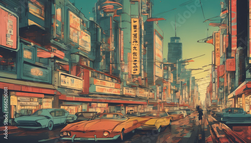 japan, city, evening, sunset, buildings, architecture, atomic age, vibrant, highly detailed, retro-futuristic, vintage sci-fi, 50s style, 60s style, cityscape, urban, skyline, building, street, view, 