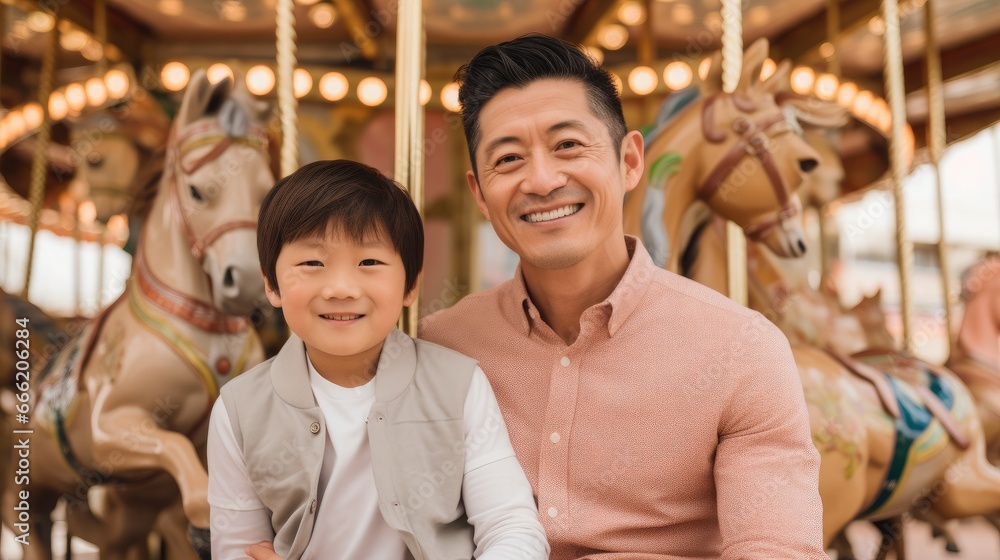  Asian dad and son playing together outdoors at an amusement park.