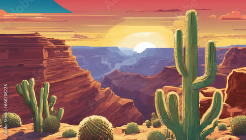 Vibrant vintage sci-fi illustration of cactuses in a grand canyon at sunset