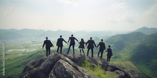 Teamwork success victory concept. Silhouette of the team on top of mountain. Leadership Concept. AI Generative © Natee Meepian