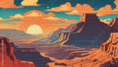 Retro-futuristic illustration of a grand canyon at sunset. 