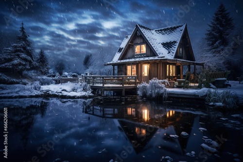 a beautiful cozy wooden house covered with snow at night in cold snowy weather © DailyLifeImages