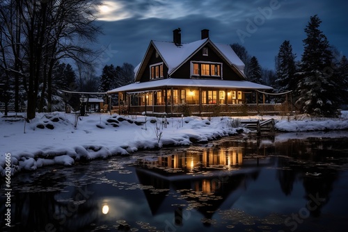 a beautiful cozy wooden house covered with snow at night in cold snowy weather