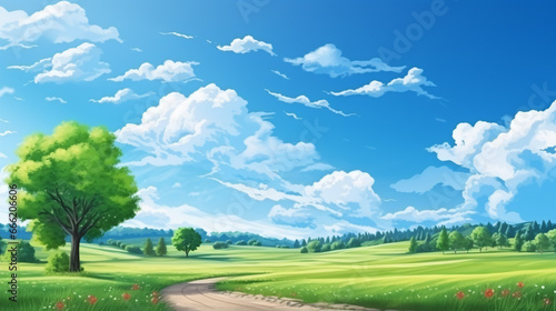 A summer poster featuring a blue sky with beautiful clouds, a meadow tree, and a plain landscape background offers the best holiday view.