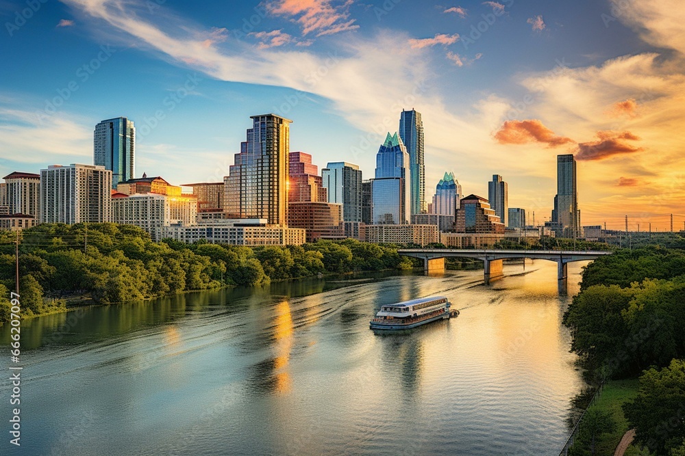 Fototapeta premium Cityscape of Austin, Texas near Colorado River against skyline. Generative AI