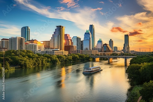 Cityscape of Austin  Texas near Colorado River against skyline. Generative AI