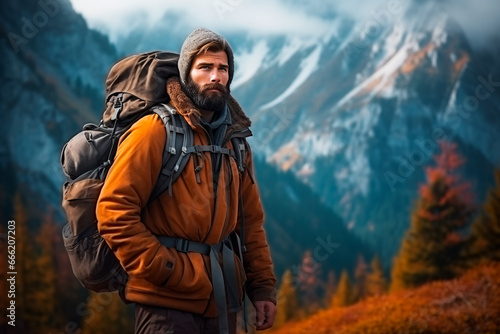 A bearded brutal man in mountain clothes and a backpack climbs the mountain.