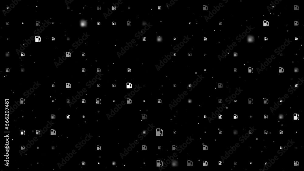 Template animation of evenly spaced gas station symbols of different sizes and opacity. Animation of transparency and size. Seamless looped 4k animation on black background with stars Template animation of evenly spaced gas station symbols of different sizes and opacity. Animation of transparency and size. Seamless looped 4k animation on black background with stars