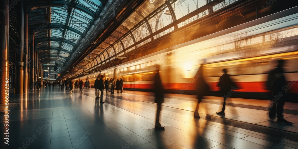 Crowded public place with people passing walking in city traffic flow motion blur effect. Cinematic light Generative AI Crowded public place with people passing walking in city traffic flow motion blur effect. Cinematic light Generative AI