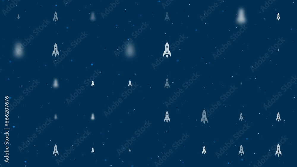 Template animation of evenly spaced rockets of different sizes and opacity. Animation of transparency and size. Seamless looped 4k animation on dark blue background with stars Template animation of evenly spaced rockets of different sizes and opacity. Animation of transparency and size. Seamless looped 4k animation on dark blue background with stars
