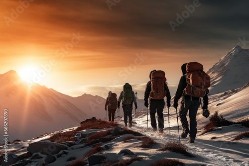 adventurous hikers group hiking on a snowy mountain in cold weather