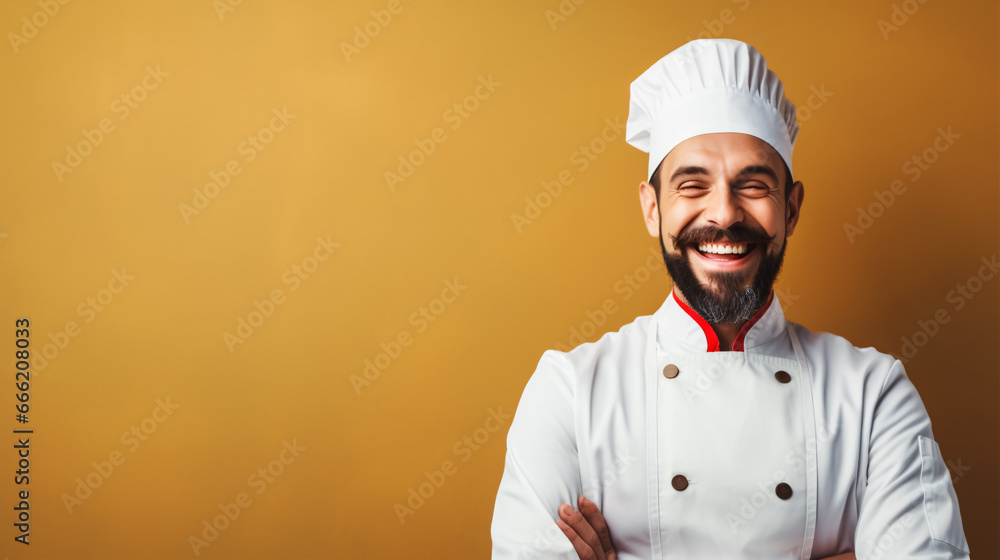 A beaming male chef, wearing a toque, exudes contentment in the kitchen.
