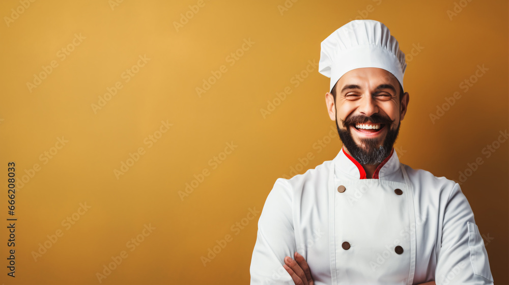 A beaming male chef, wearing a toque, exudes contentment in the kitchen. A beaming male chef, wearing a toque, exudes contentment in the kitchen.