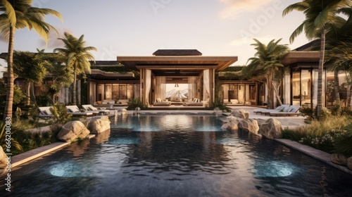Luxury villa designed as a wellness retreat, including spa rooms, meditation gardens, and health focused amenities photo