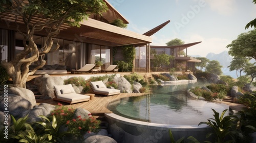 Luxury villa designed as a wellness retreat  including spa rooms  meditation gardens  and health focused amenities