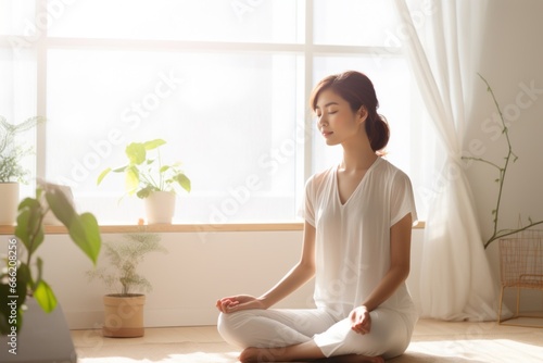 Asian woman yoga pose at home sitting