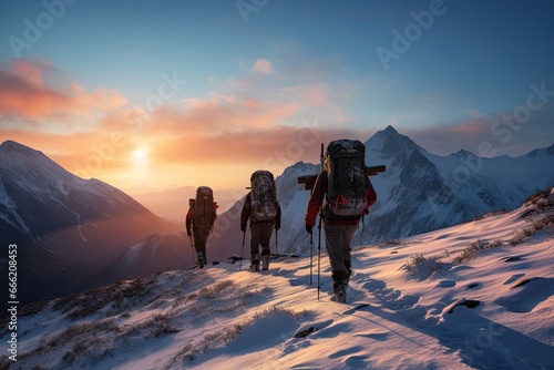 adventurous hikers group hiking on a snowy mountain in cold weather