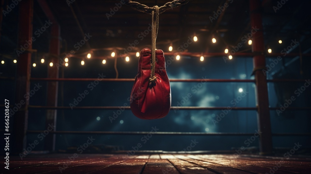 A pair of boxing gloves hung from a hook inside a dimly lit boxing ring.